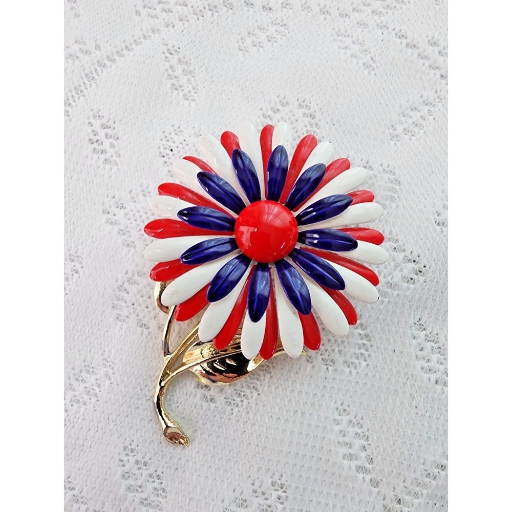 Vintage Retro 50s‎ Flower Brooch Patriotic Pin Daisy 4th July Costume Gold Tone